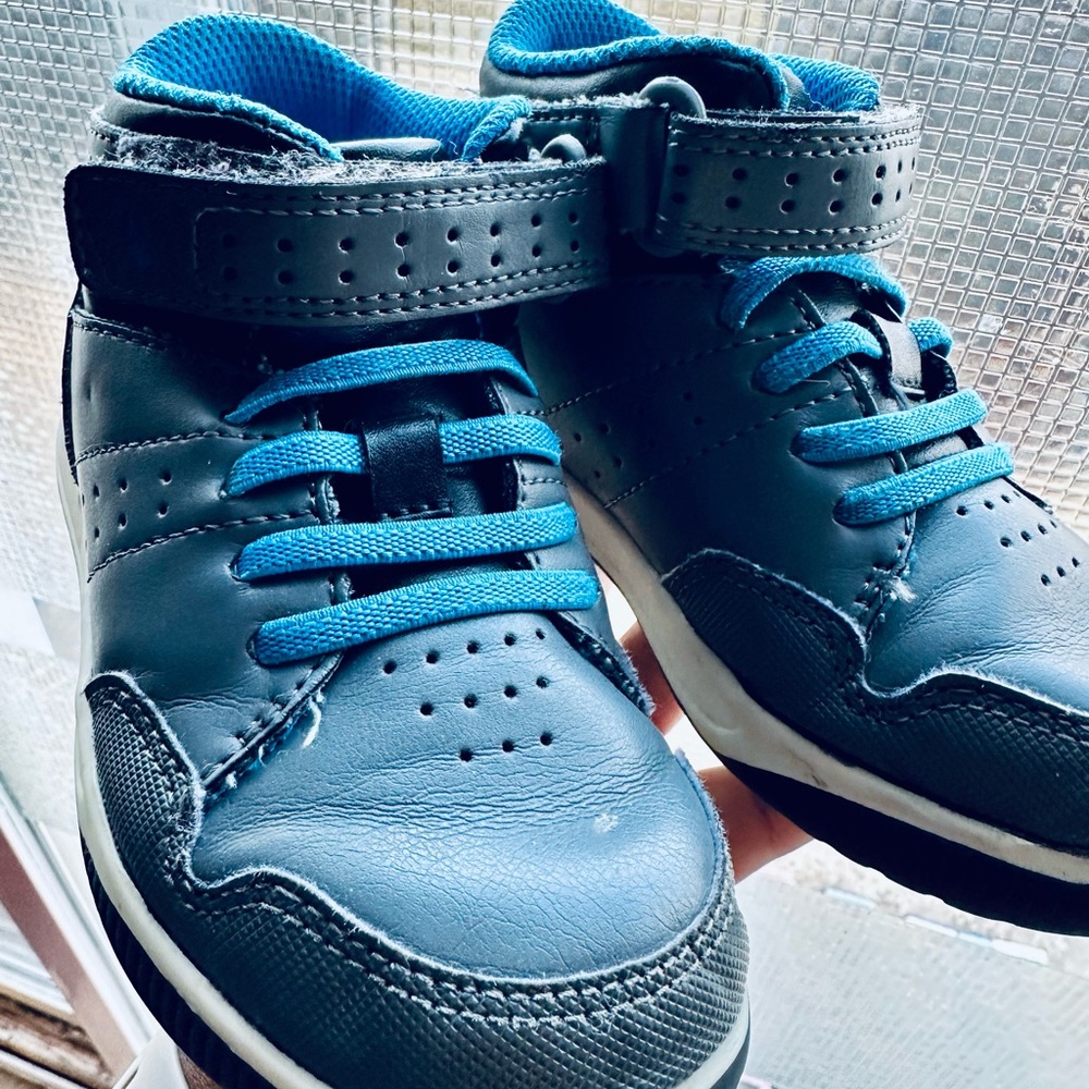 Blue and Gray High-Top Sneakers with Athletic Design